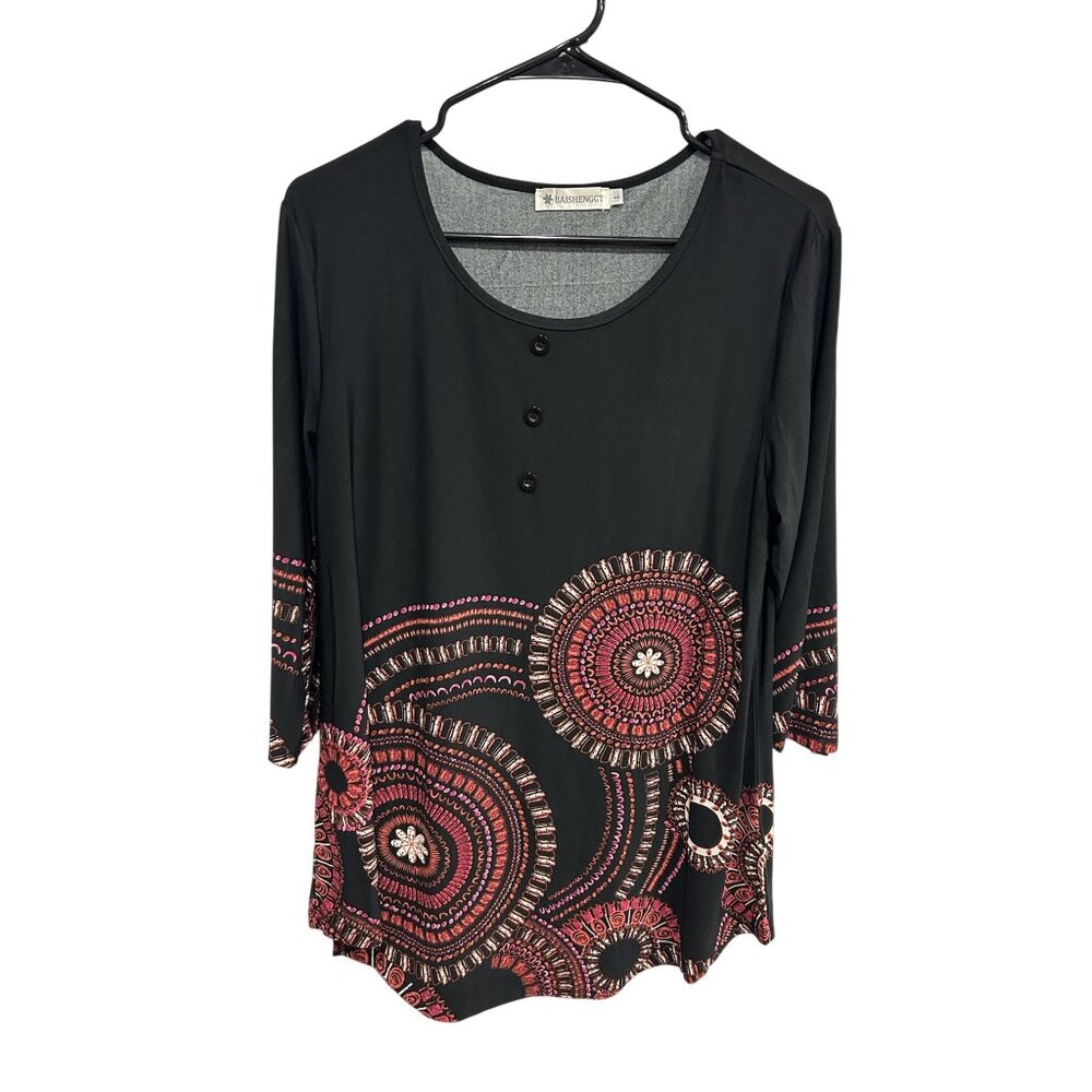 Baishenggt Black Mandala Print Tunic Top Size Large 3/4 Sleeve Boho Naturecore